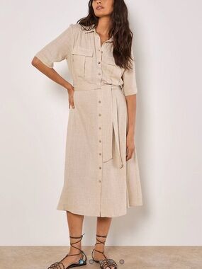 Sz 8/M⭐️NWT APRICOT Stone Linen Blend Button-Front Midi Shirt Dress PTP 21”